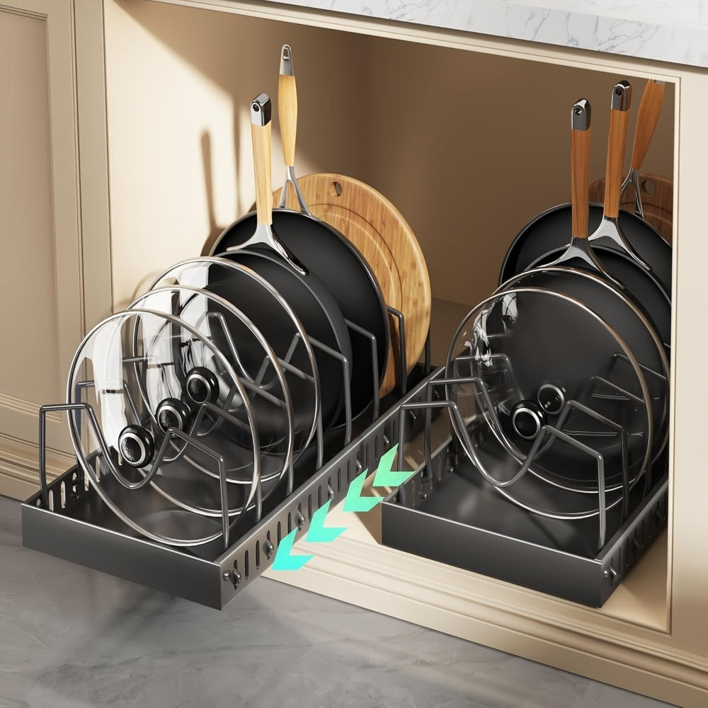 Pull Out Pot Lid Organizer Rack 2pcs Under Cabinet Pots and Pans Organizer, 8 Adjustable Dividers Slide Out Kitchen Cabinet Cookware Baking Sheet Holder, Drill-Free Easy Install