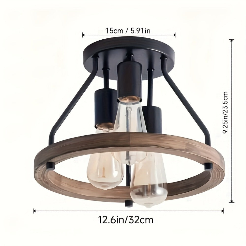 Farmhouse Semi Flush Ceiling Light 3-Bulb Wood & Metal - Rustic Industrial Ceiling Lamp for Kitchen Bedroom Dining Room Hallway Entryway Laundry Room (Bulb Not Included)