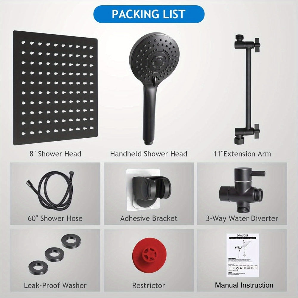 Rainfall Shower Head with Handheld Combo ¨C 8¡± High Pressure Rain Shower, 5-Setting Adjustable, Anti-Leak with 11¡± Extension Arm, Holder & Hose, Height & Angle Adjustable