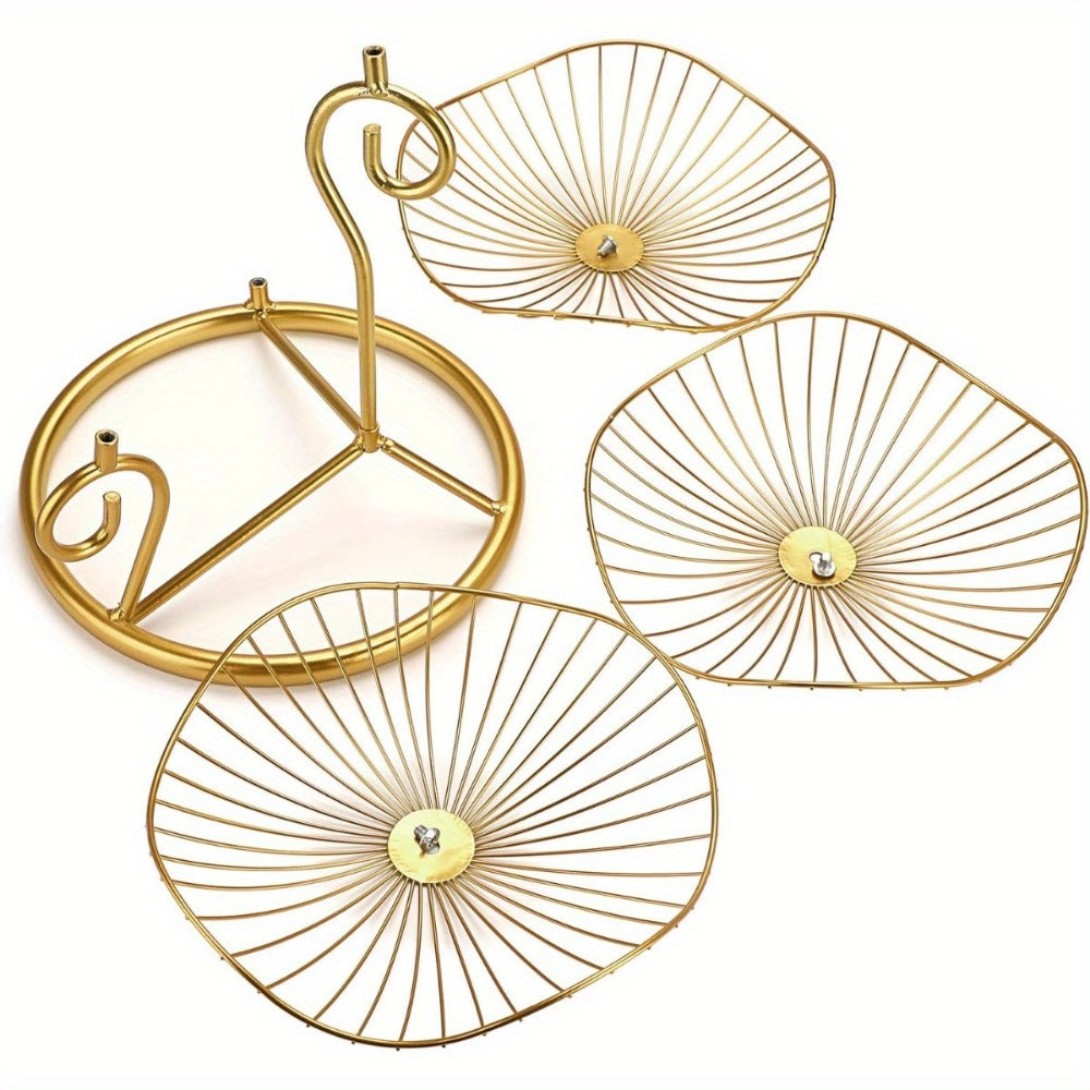 Fruit Basket Stand 3-Tier Decorative Iron Metal Wire Fruit Bowl with Lotus Leaf Design, Countertop Holder for Fruits Vegetables Bread Snacks, Modern Home Kitchen Table Centerpiece Organizer Gold