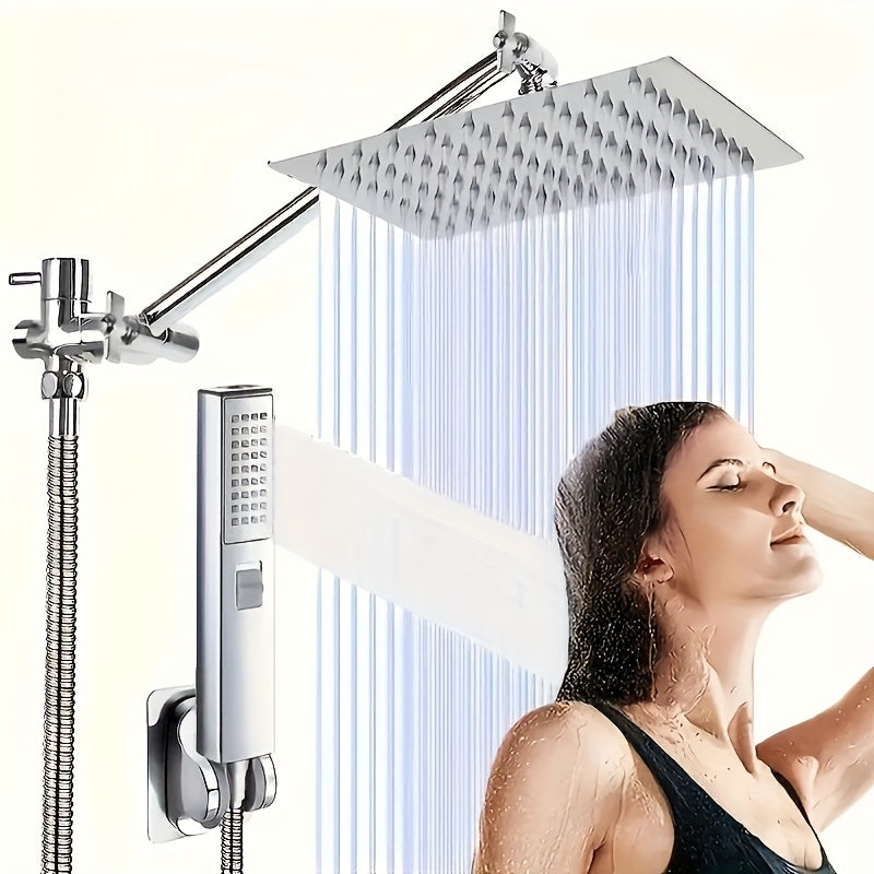 High Pressure Rainfall Shower Head Handheld Combo 4-Spray Modes 10 12 Inch Adjustable Extension Arm 78-Inch Hose Adhesive Holder Wall Mount Chrome Black Bathroom