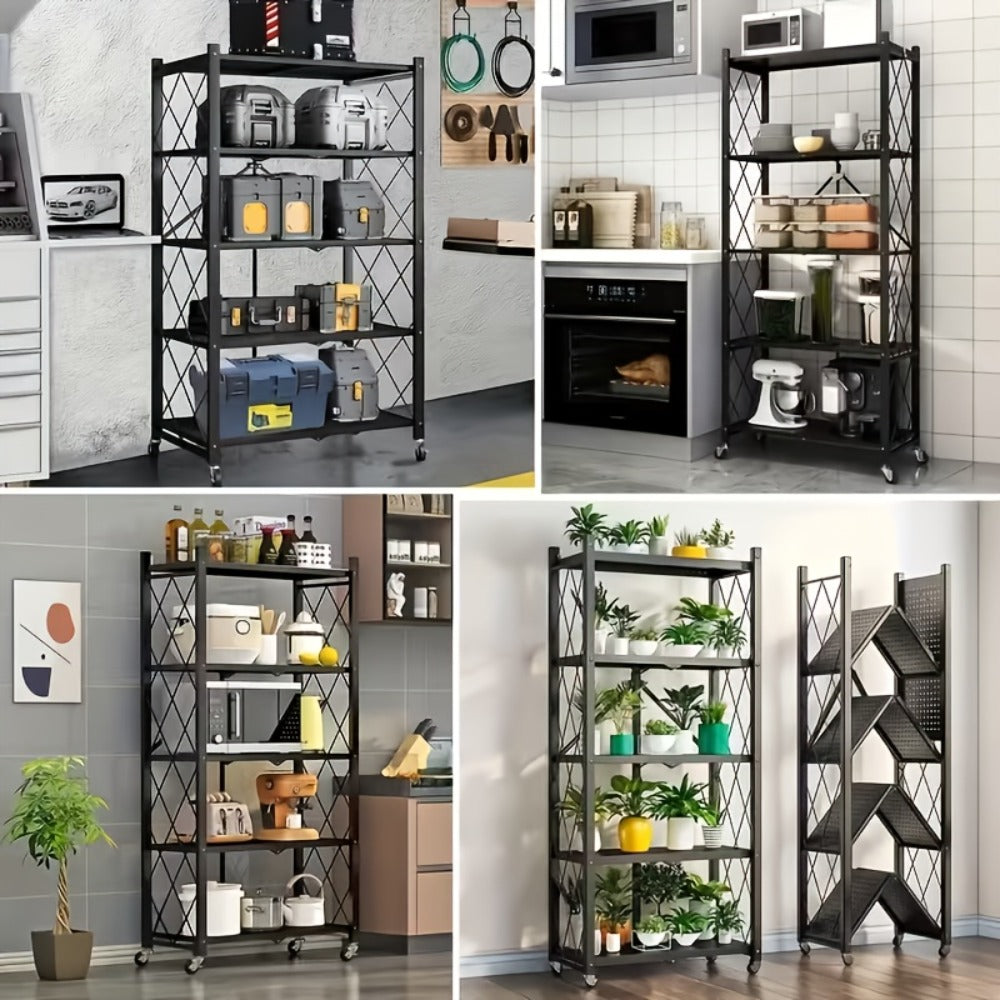 Rolling Storage Rack with Wheels 3 4 5 Tier Folding Shelving Unit No Assembly Required, Freestanding Metal Shelf Organizer for Kitchen Living Room Garage Office Basement, Black White