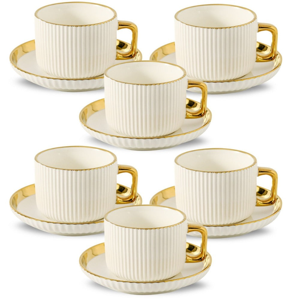 Ceramic Cappuccino Cups with Saucers Set of 6 ¨C 8oz Coffee Mugs with Golden Trim, Latte Art Cups for Espresso Mocha, British Italian Style Caf¨¦ Cups and Saucer Sets for Home Kitchen