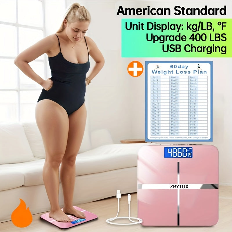 USB Rechargeable Bathroom Scale 400lb ¨C Smart Digital Body Weight Scale, HD LCD & Fahrenheit Temperature Display, kg/lb Switch, Ultra-Wide Platform, USB Charging or Battery Powered, Black & Pink