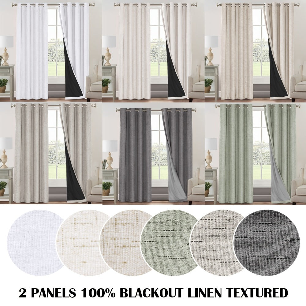 Blackout Curtains 2 Panels 100% Blackout Linen Textured Thermal Insulated Grommet Window Drapes Noise Reducing for Bedroom Living Room Hall - Full Light Blocking Room Darkening Curtains
