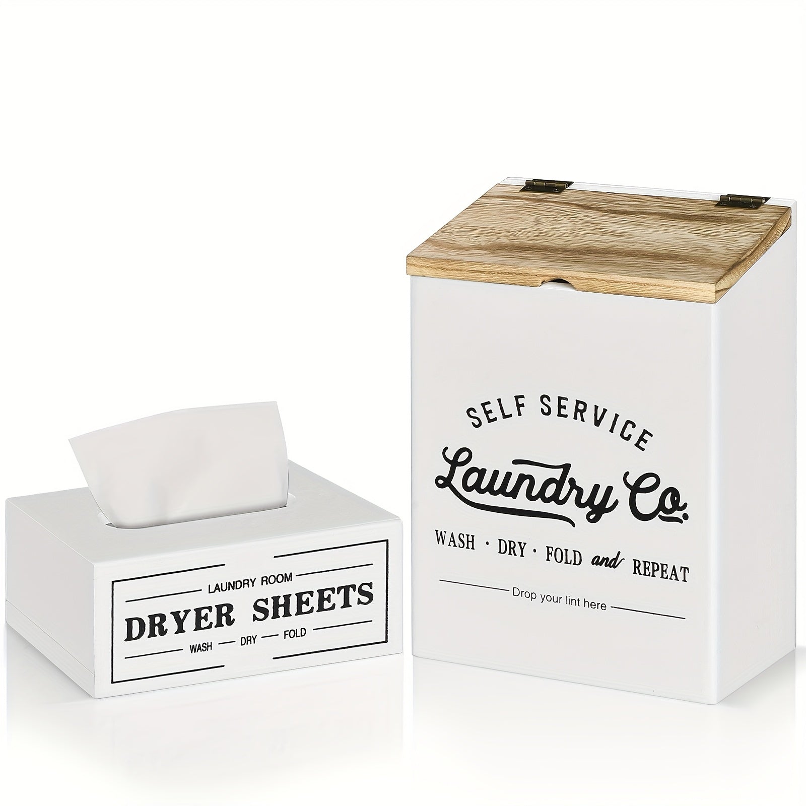 Magnetic Lint Holder & Dryer Sheet Dispenser 2-Pack, Farmhouse Wooden Lint Trash Can with Lid for Dryer, Wall Mount Dryer Sheet Box Organizer for Laundry Room Decor, Magnetic Laundry Organizer Set