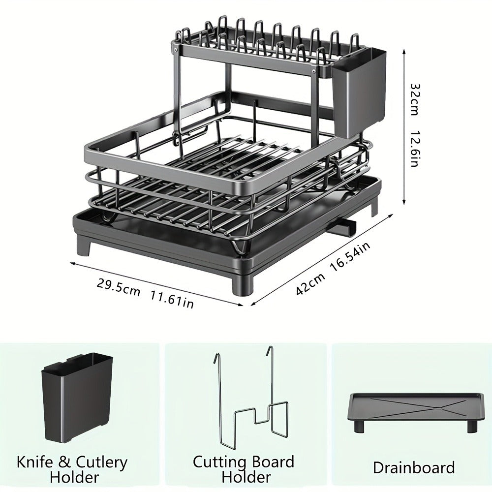 2-Tier Dish Drying Rack with Drainboard & Mat ¨C Metal Dish Rack for Kitchen Counter with Knife Fork Cup Holder