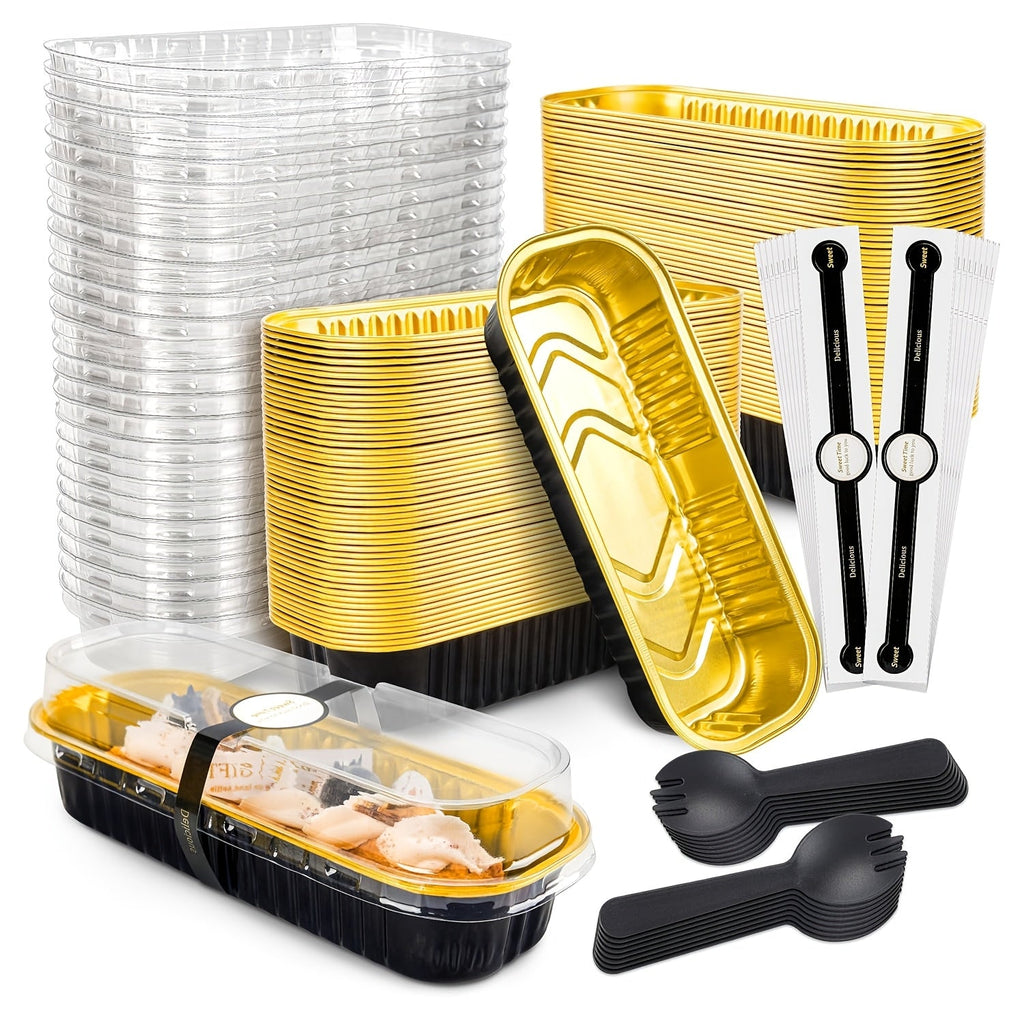 Mini Cake Pans 100 Pack with Lids and Spoons Aluminum Foil Rectangular Disposable Baking Pans 6.8oz for Cheesecake Desserts Gifts Party Catering 6 Colors