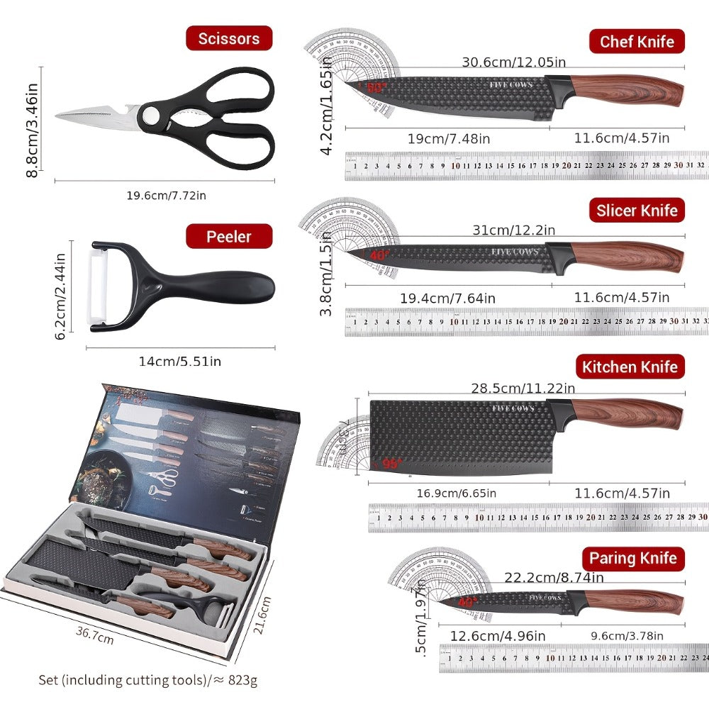 6-Piece Kitchen Knife Set ¨C Chef's Knife, Slicing Knife, Scraper & Scissors | High Carbon Stainless Steel, Ergonomic Wooden Handle, Gift Box