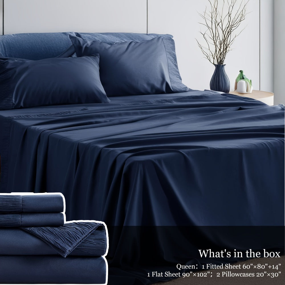 Bed Sheet Set 4-Piece Soft Breathable Cooling Sheets - Flat Sheet, Fitted Sheet & 2 Pillowcases, Wrinkle-Free Hotel Luxury Bedding, All Season Comfort