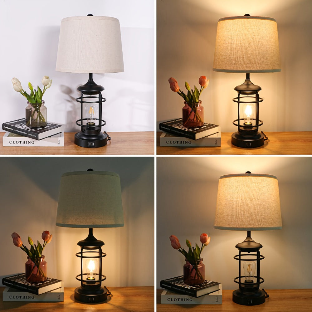 Farmhouse Table Lamps Set of 2 with 4 LED Bulbs | Touch Control 3-Way Dimmable Nightstand Lamp Dual USB Ports Natural Linen Shade Metal Black 22 Inch Bedroom Living Room
