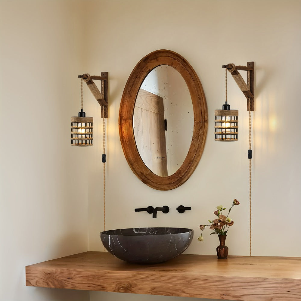 Plug In Wall Sconces Set of 2 or 1 ¨C Rustic Farmhouse Wall Lamp with Metal Cage & Wooden Bracket, Plug-Into-Outlet Hanging Light for Bedroom, Living Room & Headboard