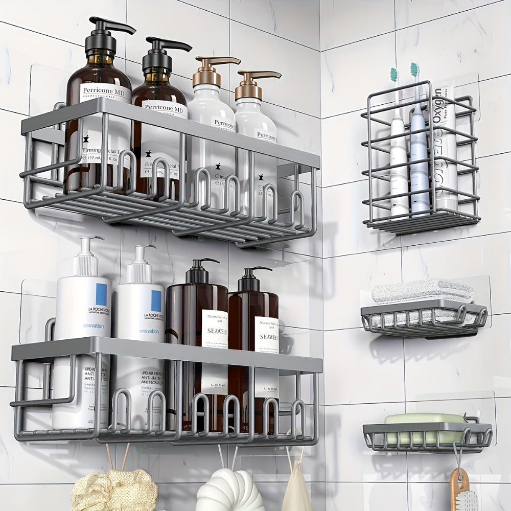 Shower Caddy Organizer 5 Pack Adhesive Rustproof Stainless Steel Shower Shelves with Soap Holder No Drilling Bathroom Storage Rack for Shower Wall Renters Apartment Kitchen Multiple Colors