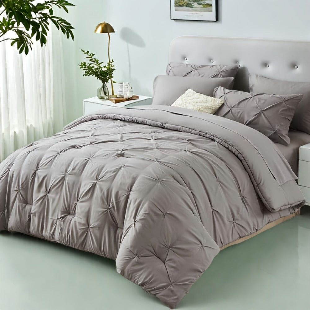 Comforter Set Luxurious Pleated 5/7pcs Bed in a Bag | Soft Plush Fiber Fill, Year-Round Warmth - Quilted Comforter, Flat & Fitted Sheet, Pillowcases & Shams, Complete Bedding Set Twin Full Queen King