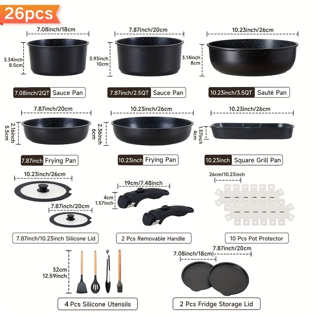 Detachable Handle Cookware Set 16 & 26 Piece Non-Stick PFOA-Free ¨C Stackable Space-Saving Pots and Pans | Oven Safe 480¡ãF Induction Compatible | RV Camping Kitchen Cooking Set in Black & Beige