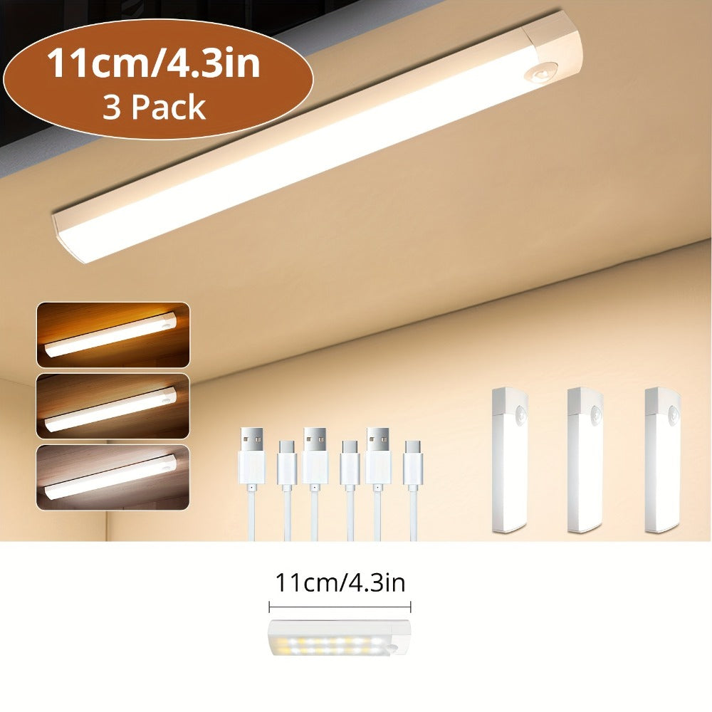 Motion Sensor Cabinet Light 3-Pack ¨C 3-Color Temperature Dimmable Under Counter Closet Light, Wireless Magnetic USB Rechargeable for Kitchen, Wardrobe, Stairs, Hallway & Vanity (11cm / 20cm / 40cm)