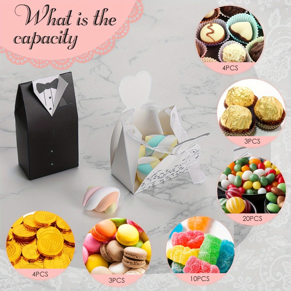 100 Pcs Wedding Party Favor Boxes Dress & Tuxedo Candy Gift Boxes with Ribbon ¨C Vintage Bridal Shower Birthday Treat Bags Bulk Decoration