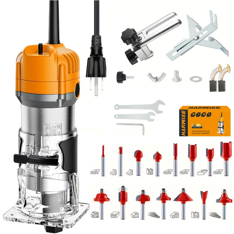 Wood Router 800W 35000 RPM Compact Electric Router Tool | 15-Piece 1/4¡± Bit Set for DIY Woodworking, Edge Trimming, Slotting, Carving & Contour Processing ¨C Variable Speed Rotary Tool
