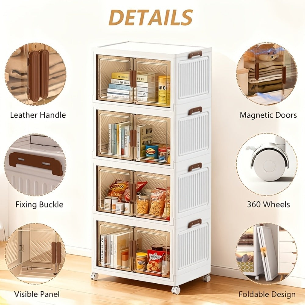 Stackable Storage Cabinet with Doors and Wheels | Collapsible Plastic Locker 1-5 Layers Large Capacity Home Organization for Bedroom Living Room Kitchen Easy Assembly Space Saving