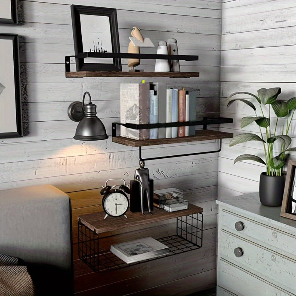 Floating Wall Shelves Set of 2 or 4 Rustic Wood and Iron Wall Mounted Shelf for Living Room Bedroom Kitchen Bathroom, Farmhouse Industrial Hanging Display Shelf for Plants Books Candles Decor