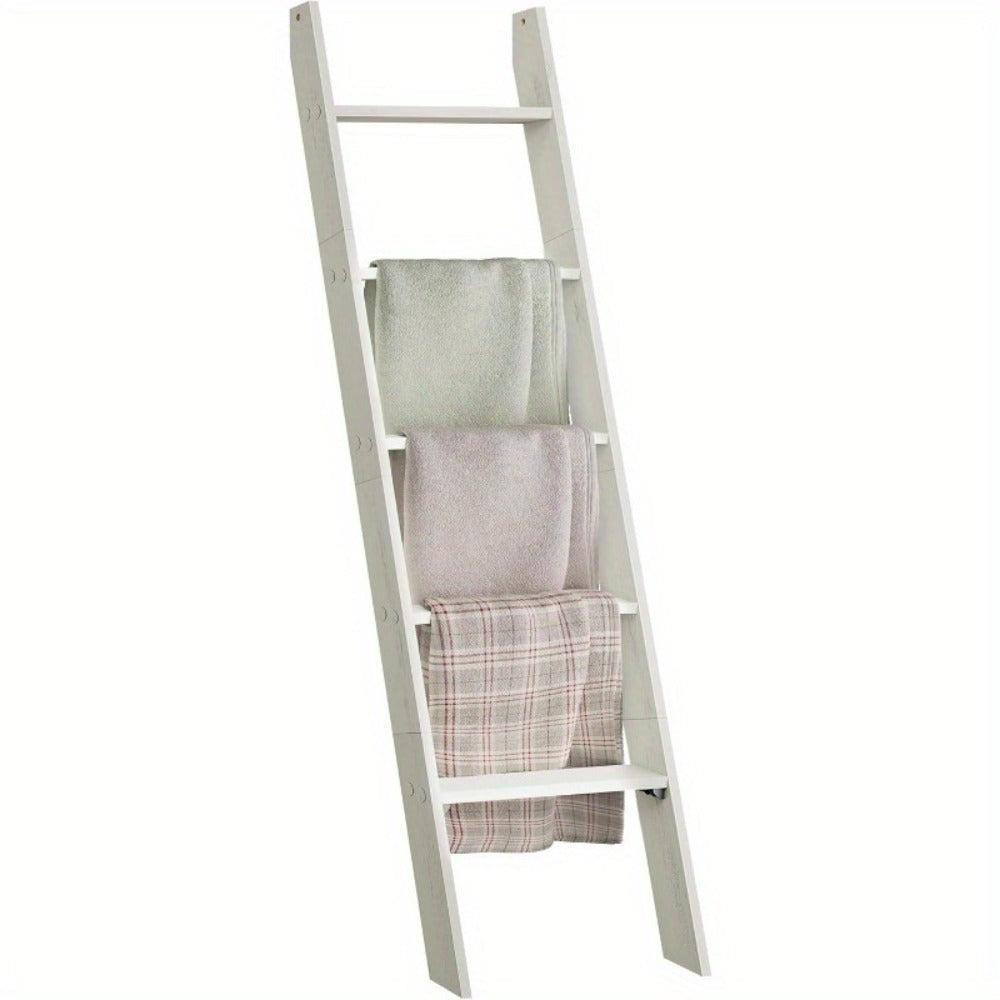 Blanket Ladder Shelf 5-Tier Freestanding Wood Ladder Rack for Blankets Towels Books Decor, Modern Farmhouse Ladder Shelf Wall Leaning Storage Organizer for Living Room Bedroom, 4 Colors