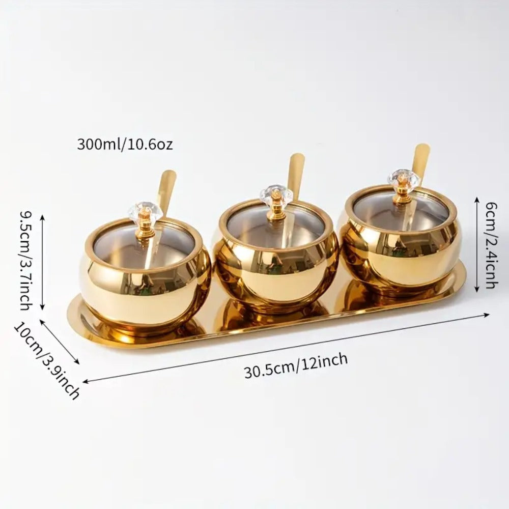 Golden Stainless Steel Seasoning Jar Set 2 or 3pcs Spice Containers with Lid and Spoon Serving Tray for Pepper Salt Spices Candy Coffee Beans Kitchen Organizer