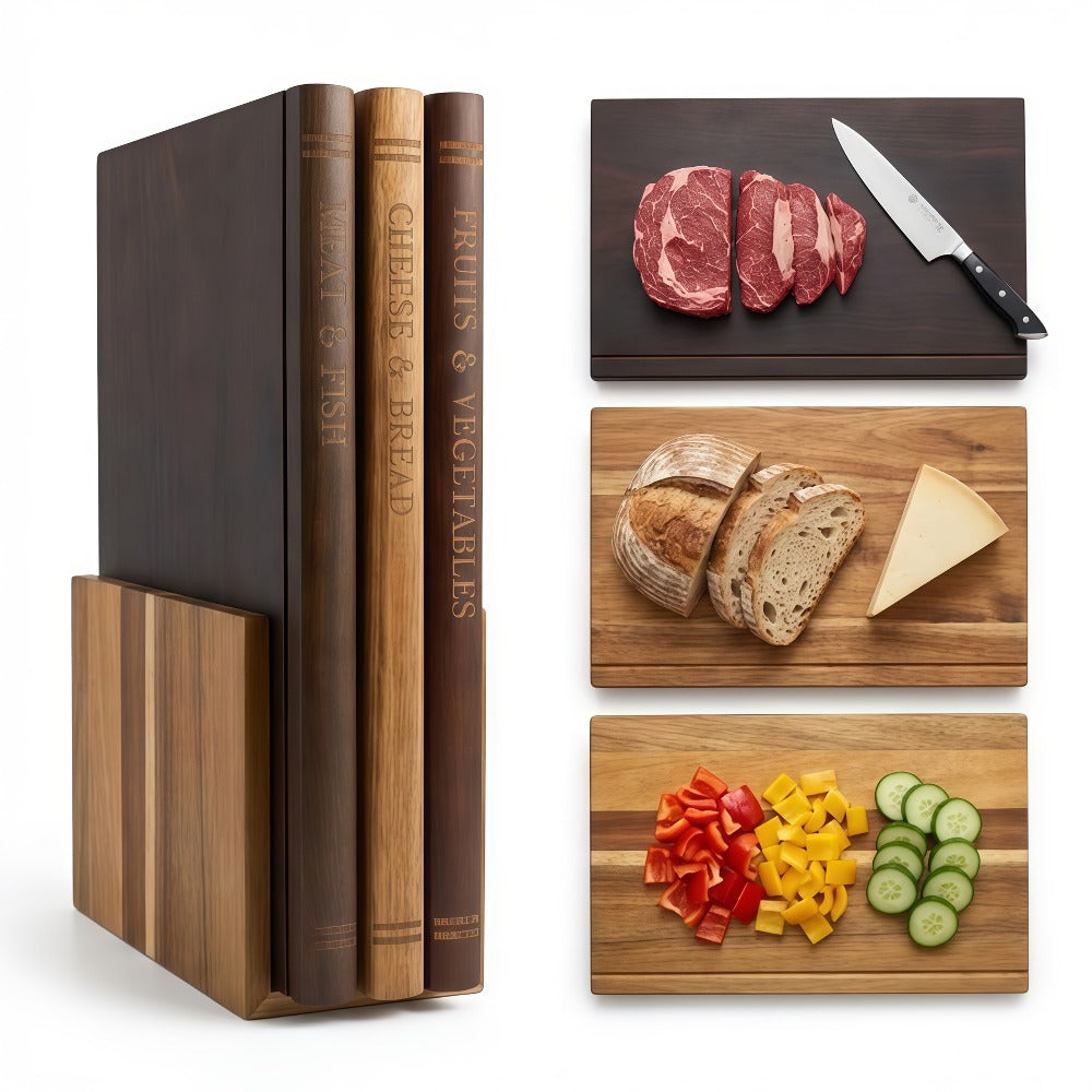 Acacia Wood Cutting Board Set 3 Piece with Stand Book Shaped Decorative Chopping Board for Vegetables Cheese Bread Meat Kitchen Gift Set