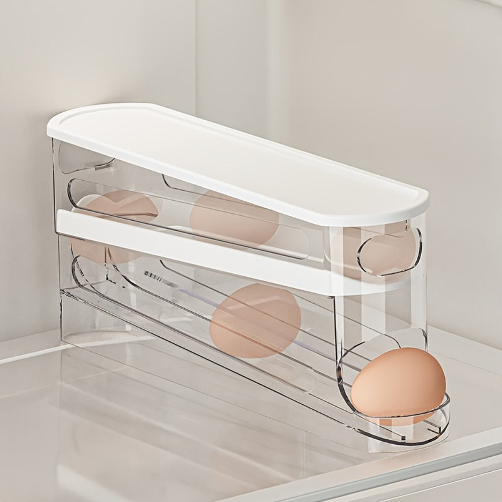Double Layer Rolling Egg Dispenser Automatic Space Saving Refrigerator Egg Organizer for Cabinet Kitchen Storage Keeps Eggs Fresh White