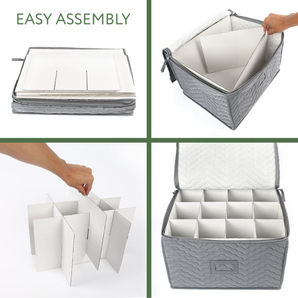 Wine Glass Storage Case 12-Compartment Quilted Stemware Box with Dividers 15.5x12.5x10 Inch Gray
