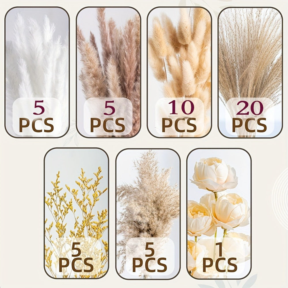Dried Flower Bouquet Pampas Grass with Artificial White Beige Roses 51 91pcs Boho Dried Floral Arrangement for Wedding Centerpiece Farmhouse Home Table Decor Rustic Vase Filler No Maintenance
