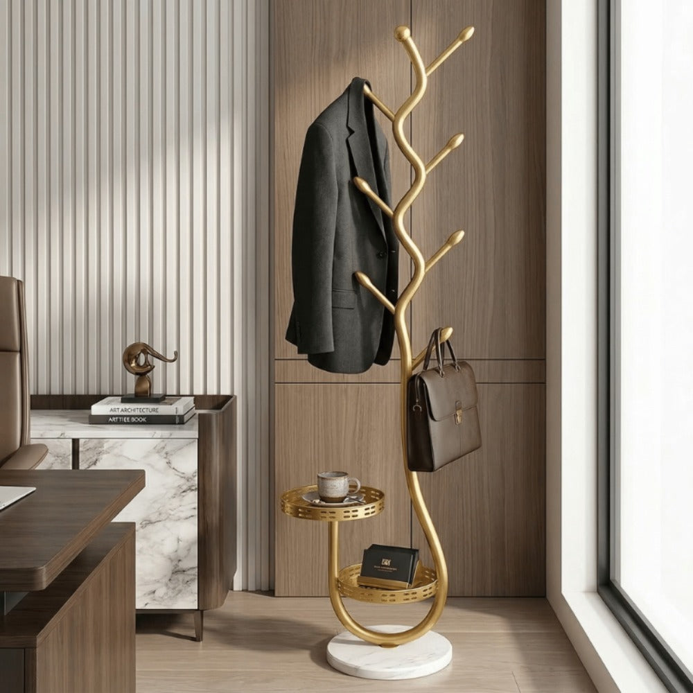 Clothing Rack with Shelf Freestanding Metal Garment Rack - Standalone Vertical Clothes Organizer with Coat Hat Hooks, Easy Mobility Wheels, Home Bedroom Closet Storage for Coats Scarves Hats