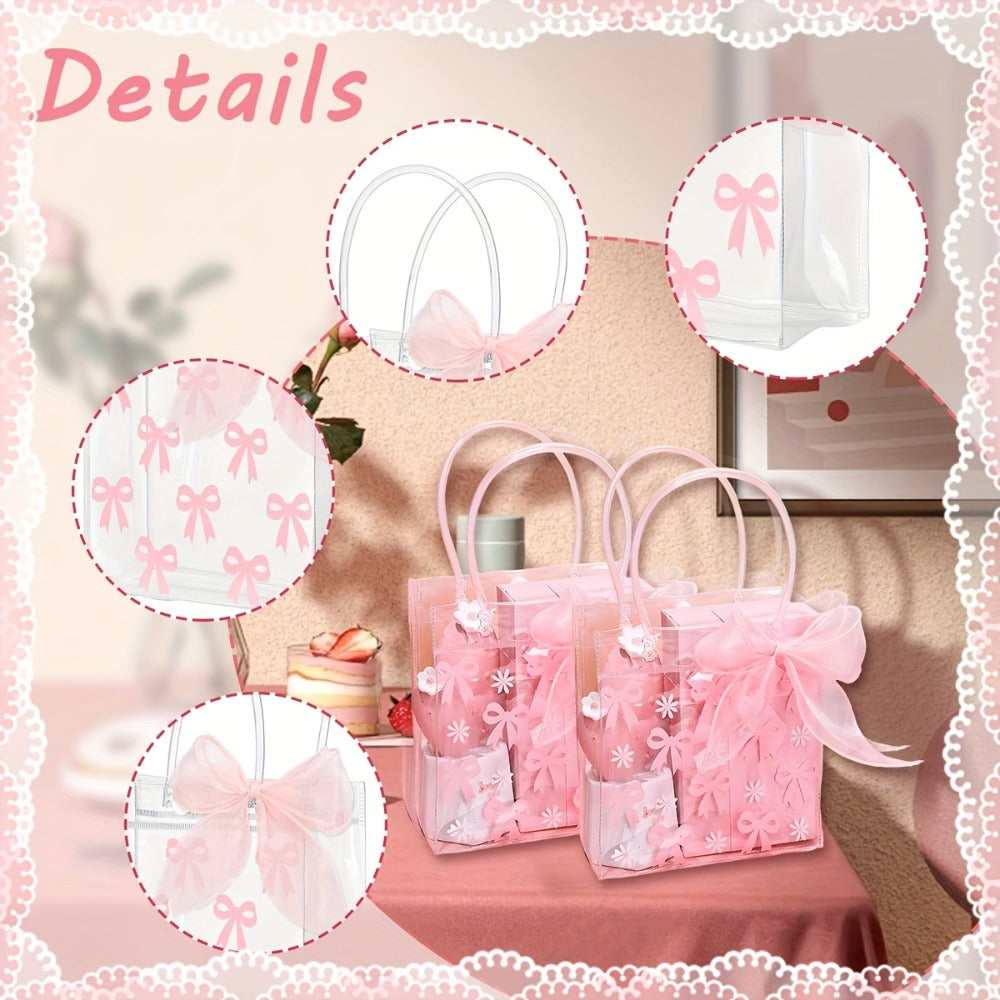 Clear PVC Gift Bags with Pink Bow & Ribbon 24-Pack Party Favor Tote Bags