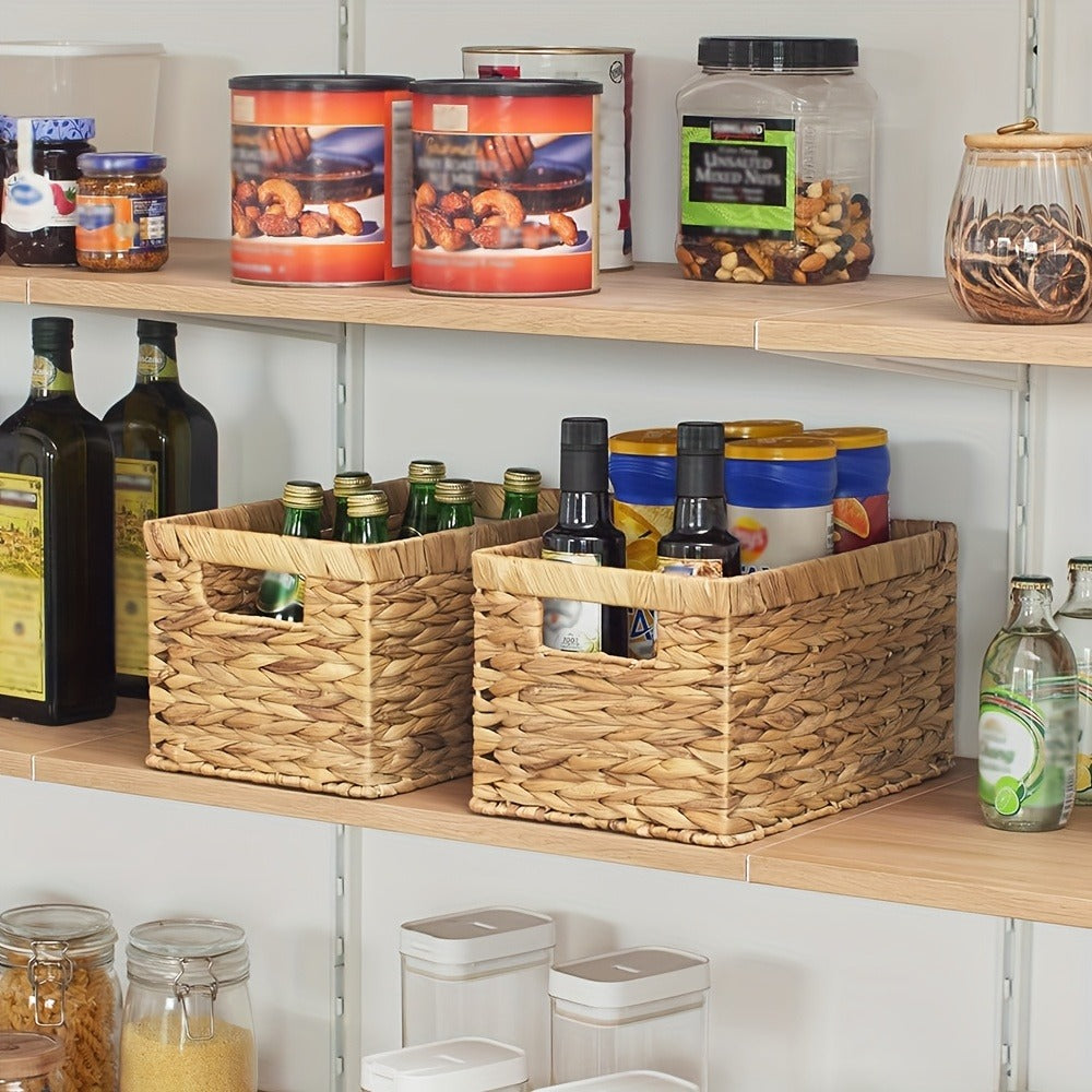 Wicker Storage Basket with Built-in Handle, Natural Rattan Boho Stackable Shelf Organizer Bin for Bathroom Bedroom Living Room Kitchen Closet Home Decor