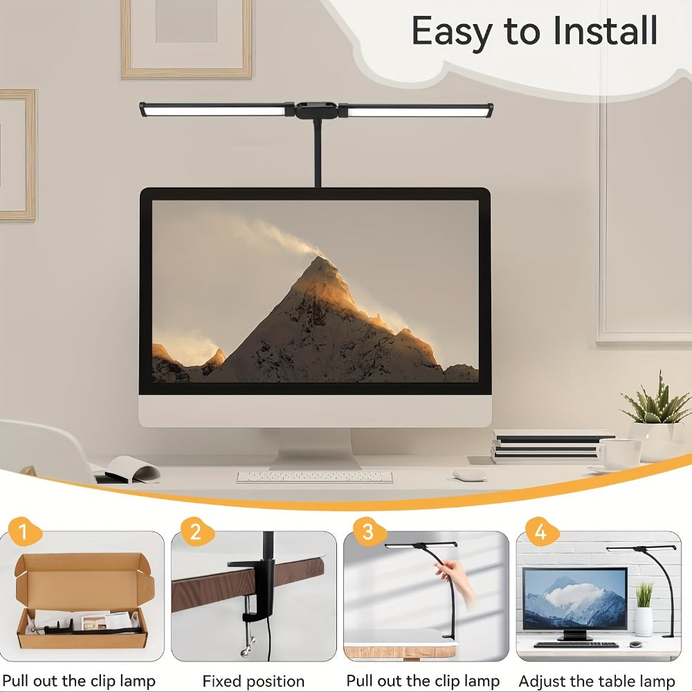Dual Head LED Desk Lamp Touch Control 3 Color Modes 10 Brightness Levels Flexible Gooseneck Eye Care 13W USB Powered Base and Clip for Home Office Study PC Gaming Black