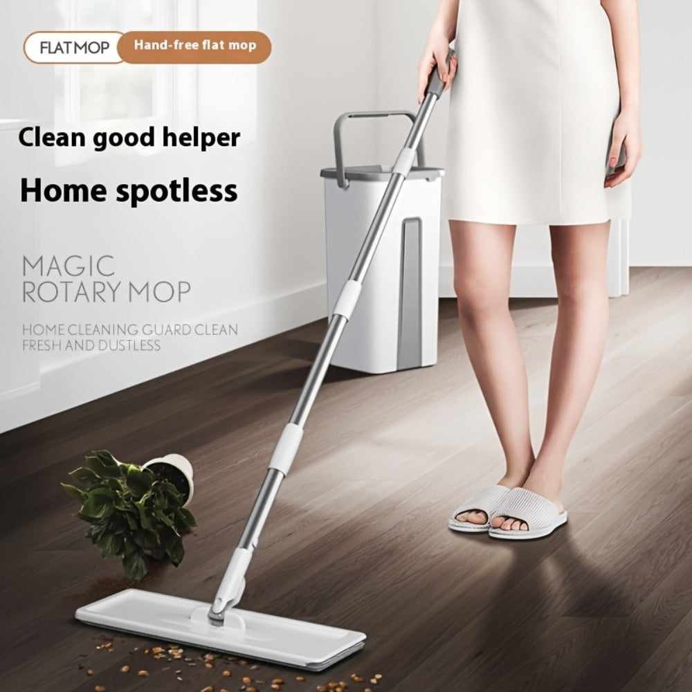 Flat Mop and Bucket Set with Wringer Metal Handle 2 Reusable Microfiber Pads Floor Mopping System for Bedroom Bathroom Kitchen Living Room Wall Floor Cleaning
