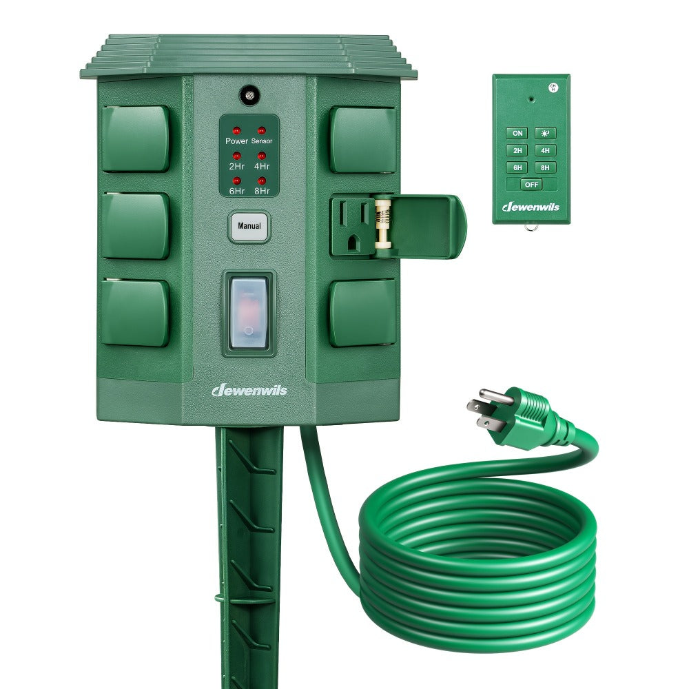 Outdoor Power Stake Timer 6 Outlet Weatherproof ¨C 100FT Wireless Remote Control, Dusk to Dawn Photocell Sensor, 7 Timer Modes, 6FT Cord, Overload Protection for Garden Yard Christmas Holiday Lights