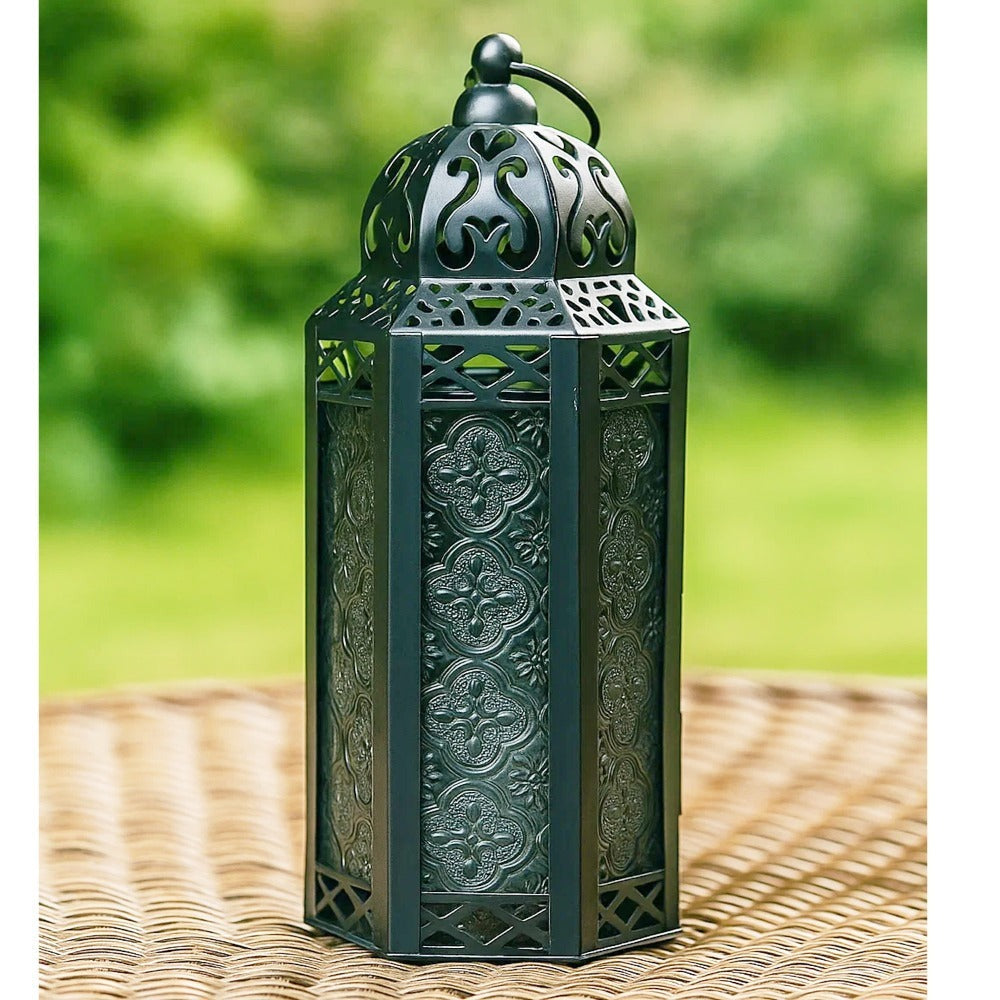 Moroccan Candle Lantern Holder - Decorative Metal & Glass Lantern with Embossed Floral Design for Indoor Home Decor, Garden, Patio, Weddings, Ramadan, Halloween & Holiday Celebrations - 10.5¡± Tall Medium Size