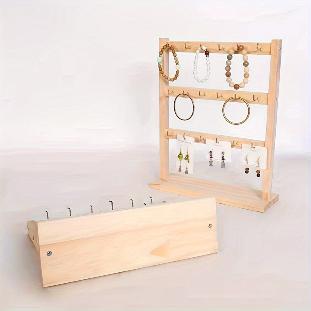 Jewelry Display Stand Multi-Layer Wooden Earring Holder Rack with Hooks Desktop Organizer for Earrings Bracelets Necklaces Keychains Jewelry Tower Storage