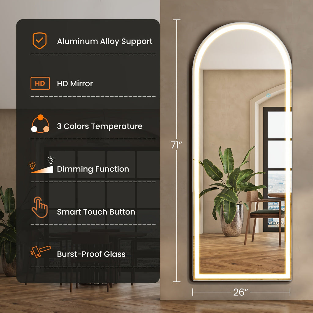Full Length Mirror Floor Standing with LED Light - Arched & Rect Aluminum Frame Dressing Mirror for Bedroom Living Room, Black/Golden/White