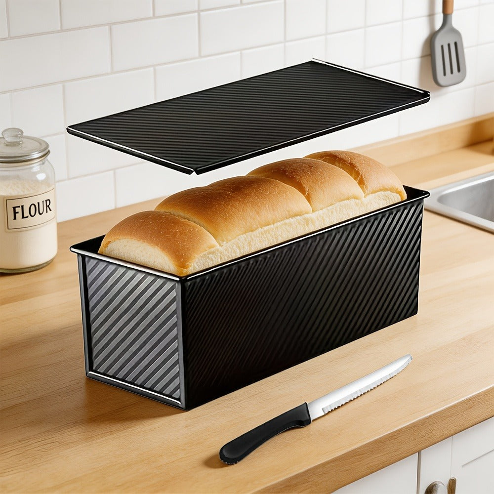 Pullman Loaf Pan with Lid, Extra Large 12.3x4.7x4.3 Inch Sandwich Bread Pan with Vent Holes, Nonstick Carbon Steel Toast Pan with Bread Knife, Square Loaf Pan for Sandwich Bread, Black or Gold