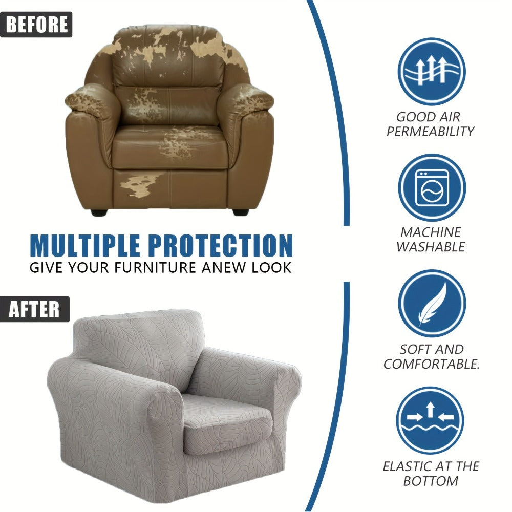 Armchair Slipcover 2pcs Set Jacquard Leaf Texture Stretch Chair Cover with Seat Cushion Cover Spandex Non-Slip Elastic Removable Washable Sofa Couch Cover for Living Room Dining Room Hotel Home Decor