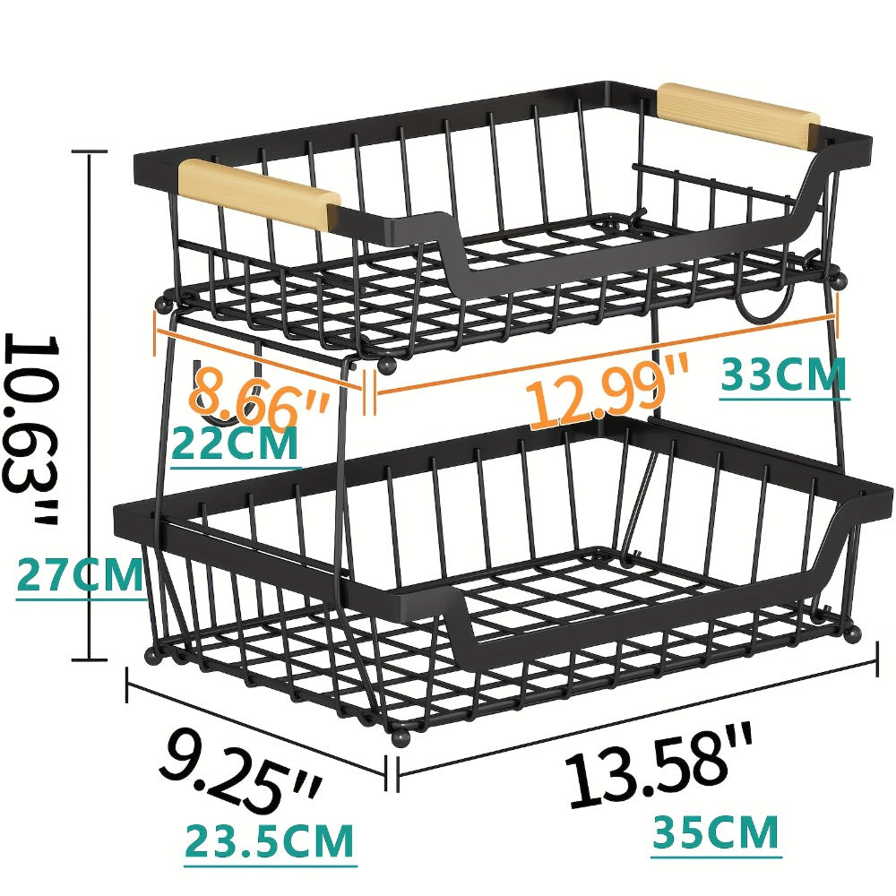 Fruit Basket with Banana Hanger, 2-3 Tier Metal Countertop Organizer with Wooden Handle ¡ª Detachable Kitchen Storage Stand for Fruits, Vegetables & Bread | Large Capacity | Black
