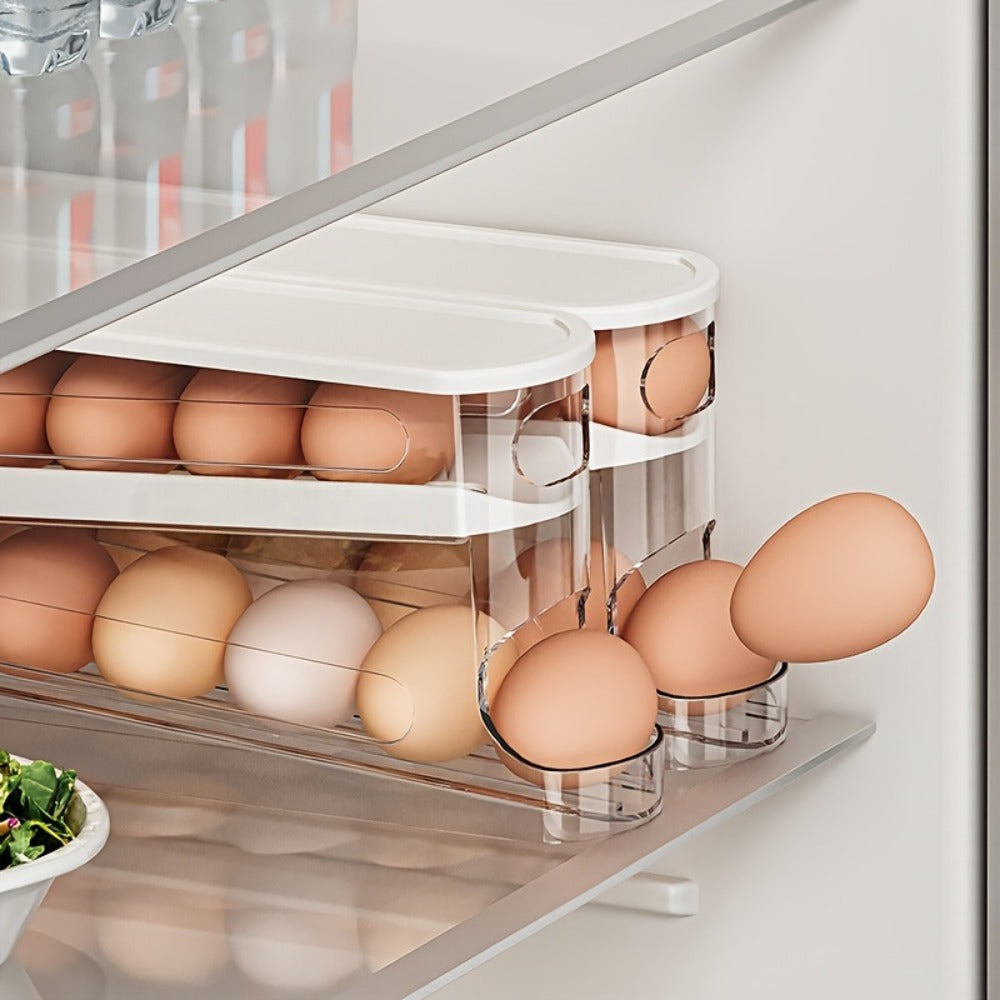Double Layer Rolling Egg Dispenser Automatic Space Saving Refrigerator Egg Organizer for Cabinet Kitchen Storage Keeps Eggs Fresh White