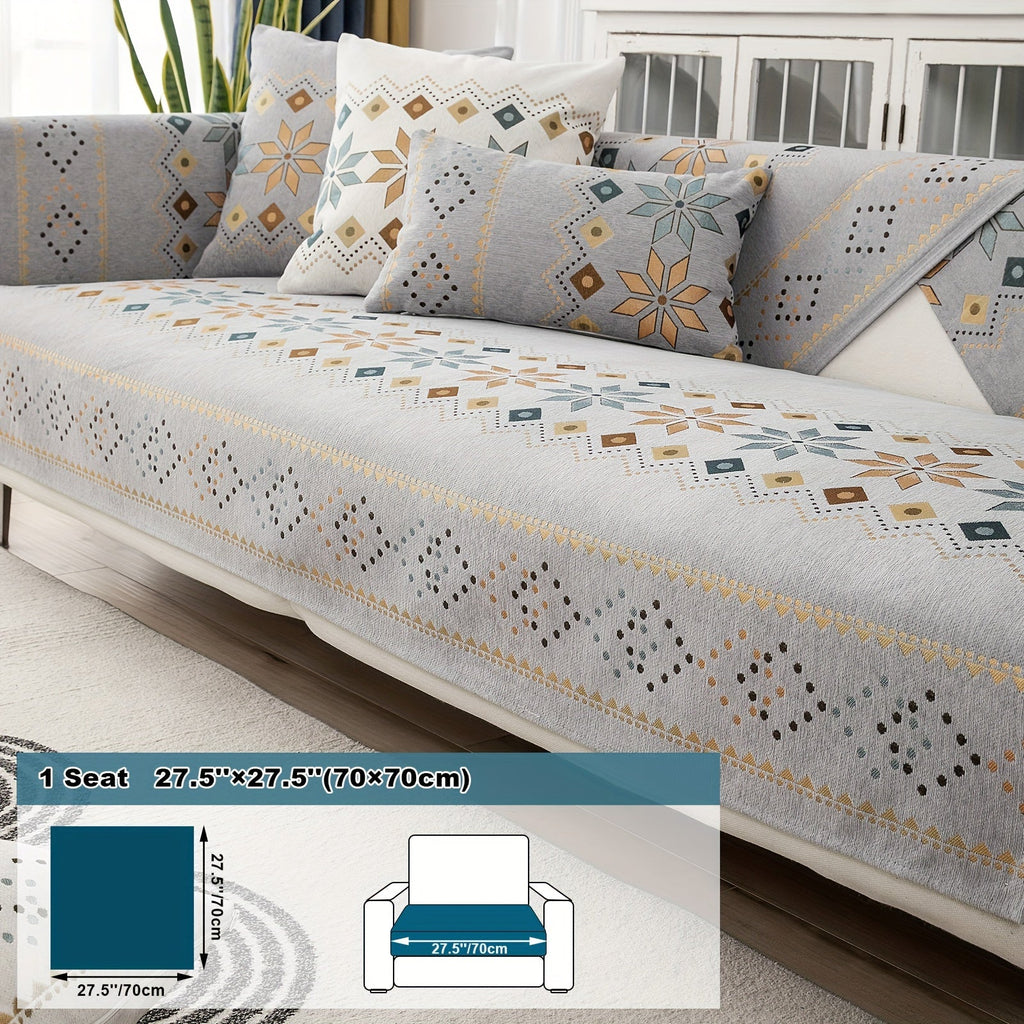 Bohemian Chenille Sofa Cover | Geometric Print Non-Slip Couch Slipcover, Thick Plush Boho Style, 1 to 4 Seat, Armrest & Backrest, Machine Washable, Sectional Sofa Protector