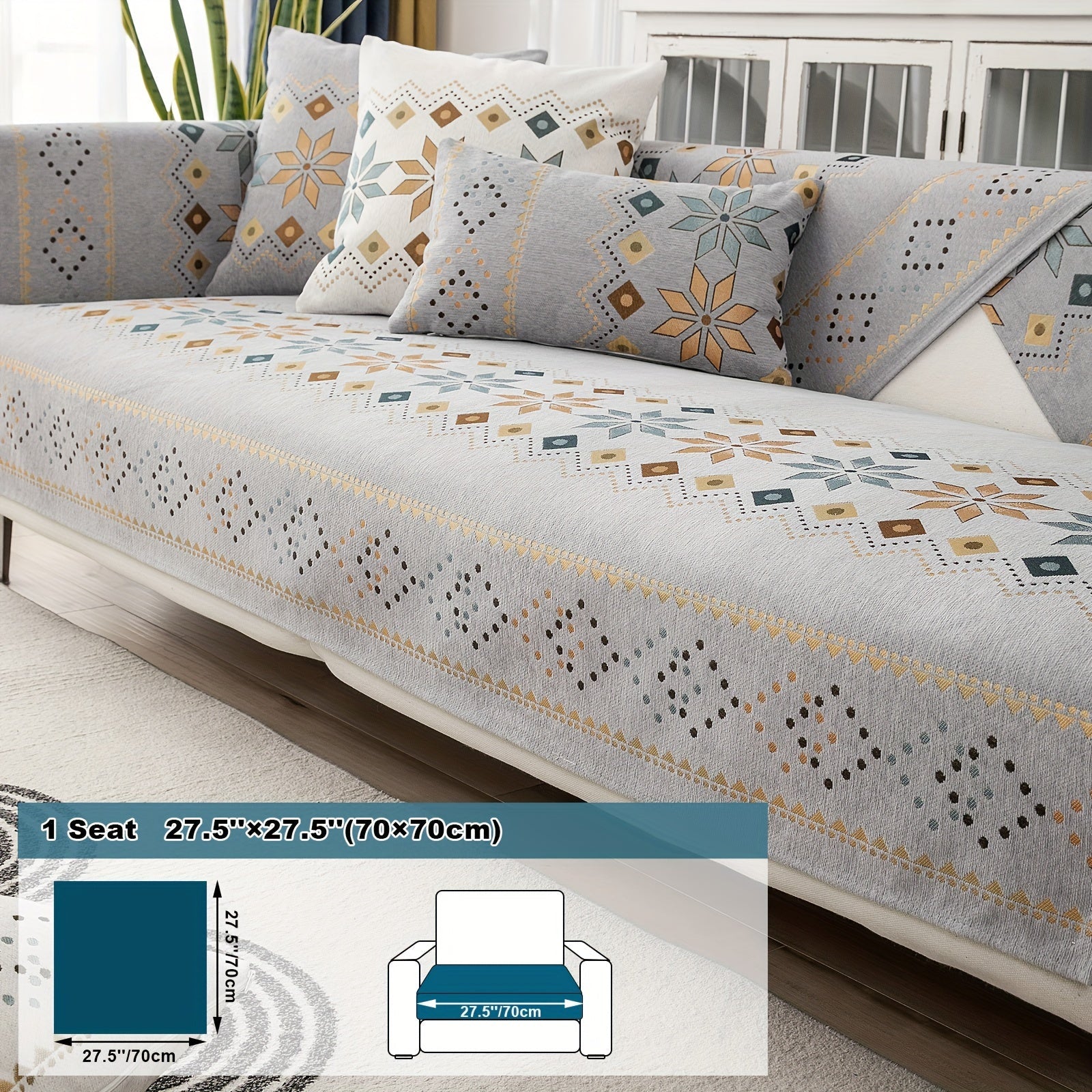 Bohemian Chenille Sofa Cover | Geometric Print Non-Slip Couch Slipcover, Thick Plush Boho Style, 1 to 4 Seat, Armrest & Backrest, Machine Washable, Sectional Sofa Protector