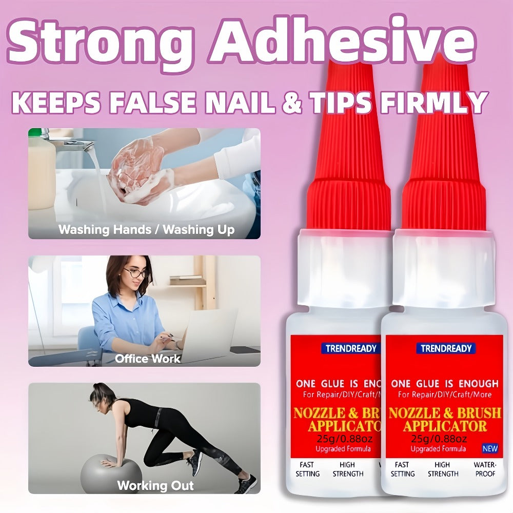 Nail Glue Salon Grade Super Glue 2-Pack ¨C Heavy Duty Clear Adhesive for Artificial Nails, Multi-Surface Repairs, Waterproof with Dropper & Brush, Non-Yellowing
