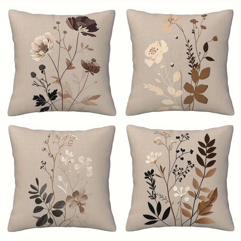 Throw Pillow Covers 18x18 Set of 4 - Floral Botanical Square Cushion Cases Beige Brown Gray | Zipper Closure Machine Washable Decorative Pillows for Living Room Bedroom Sofa Couch Contemporary Decor