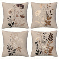 Throw Pillow Covers 18x18 Set of 4 - Floral Botanical Square Cushion Cases Beige Brown Gray | Zipper Closure Machine Washable Decorative Pillows for Living Room Bedroom Sofa Couch Contemporary Decor