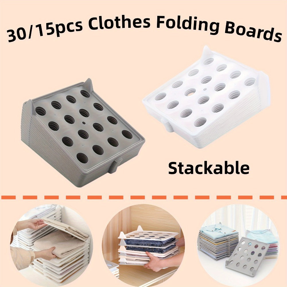 Foldable Stackable Clothes Folding Board Organizer for Shirts Pants Dresses ¨C Heavy-Duty Plastic, Space-Saving, Easy-Clean (15 or 30 pcs)