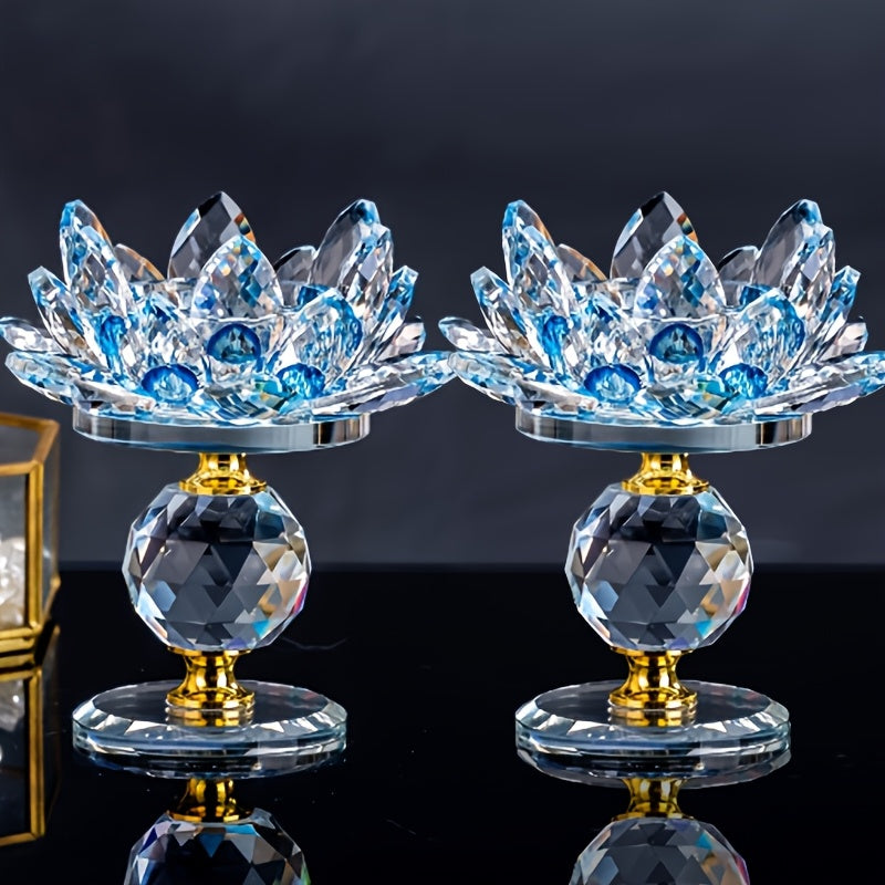Crystal Lotus Candle Holder 2pcs, Polished Decorative Lotus Candleholder for Tea Light & Pillar Candles, Elegant Home Decor Centerpiece for Christmas, Thanksgiving, Halloween, Easter & Hanukkah ¨C Green, Purple, Blue, Pink